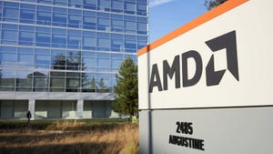 AMD logo at the company's headquarters in Santa Clara, California