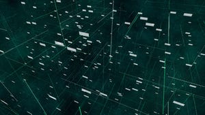 A dark green abstract digital background with interconnected lines and dots forming a complex network pattern.